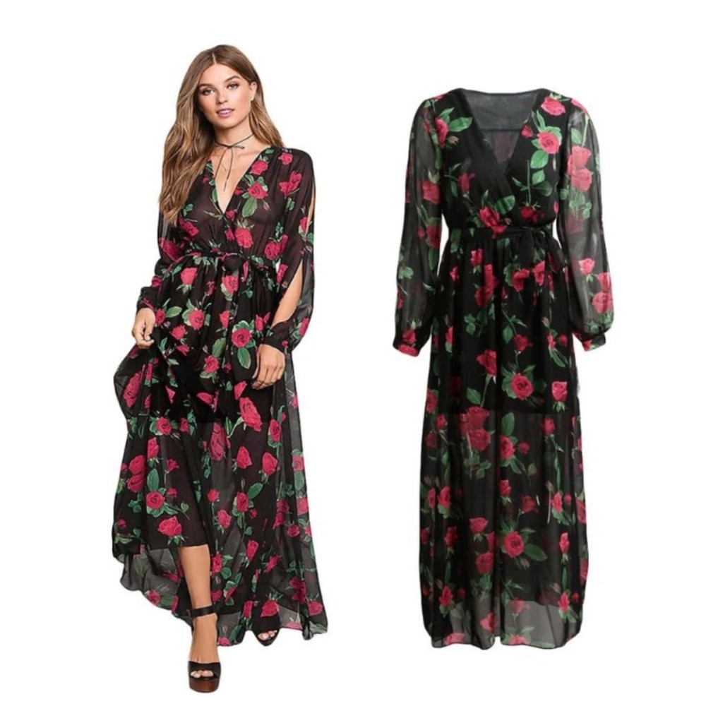 dress black floral V Neck Rose Print Maxi